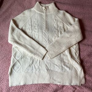 LOFT Cream Cable-Knit Half-Zip Turtleneck Sweater